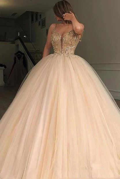 Sparkly Spaghetti Strap Beaded Ball Gown Prom Dress Long Tulle Quinceanera Dresses nv196