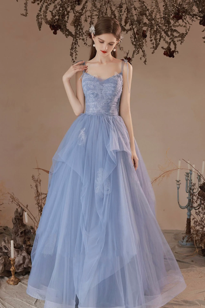 Robe de bal longue en tulle et dentelle bleue à col en V, jolie robe de soirée à bretelles spaghetti nv429