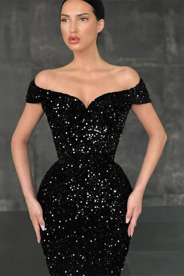 Elegantes, schwarzes, funkelndes, schulterfreies Meerjungfrau-Ballkleid mit Pailletten, bodenlanges Partykleid, Abendkleid nv325