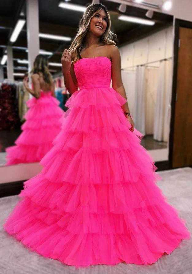 Heißes rosa trägerloses langes Ballkleid aus Tüll nv1019