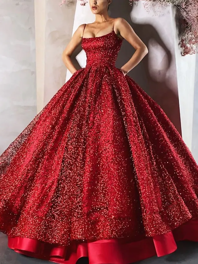 Ballkleid Abendkleid Luxuriöses Verlobungskleid Bodenlang Ärmellos Spaghettiträger Satin mit Paillettenkrawatte nv396