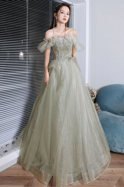 Grünes, langes Ballkleid aus Tüll mit Perlen, A-Linie, formelles Abendkleid nv452