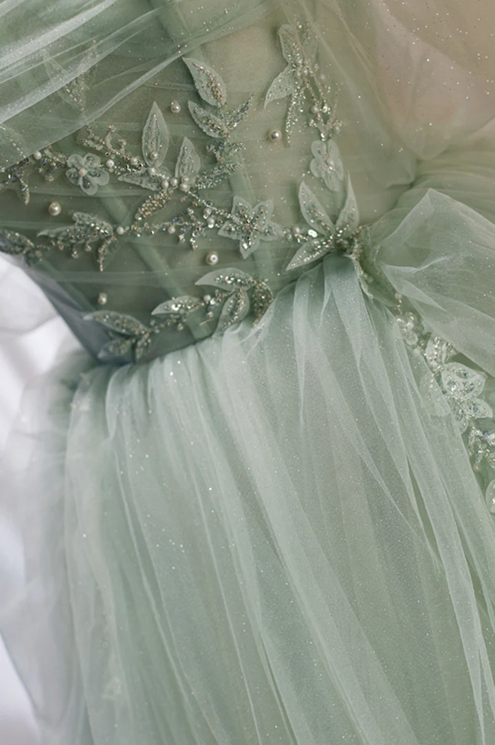 Robe de soirée à épaules dénudées en tulle vert avec perles, robe verte Sweet 16 nv891