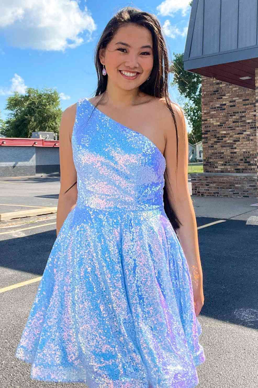 Süßes kurzes A-Linien-Homecoming-Kleid mit One-Shoulder-Träger und Pailletten nv235