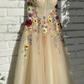 Champagnerfarbenes, wadenlanges Abendkleid aus Tüll mit Blumen, Champagnerfarbenes Ballkleid nv525