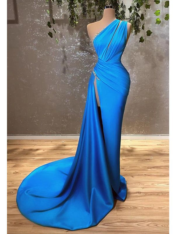Sexy Blau Etuikleid Eine Schulter Hoher Schlitz Günstige Lange Ballkleider nv415