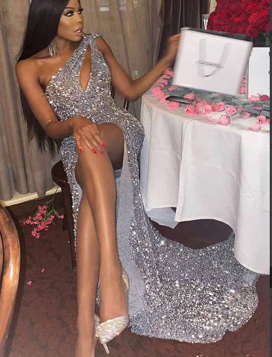 Robe de soirée longue à paillettes argentées et scintillantes de style sirène nv248