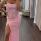 Langes Ballkleid mit glitzernden rosa Pailletten und Schlitz nv289