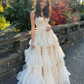Champagnerfarbenes langes Ballkleid aus Tüll, Champagnerfarbenes Abendkleid aus Tüll nv438