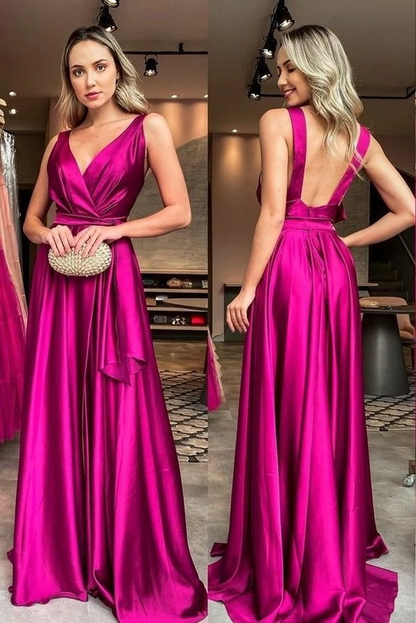 Robe de soirée élégante en satin coupe A avec décolleté en V et dos nu fuchsia nv484