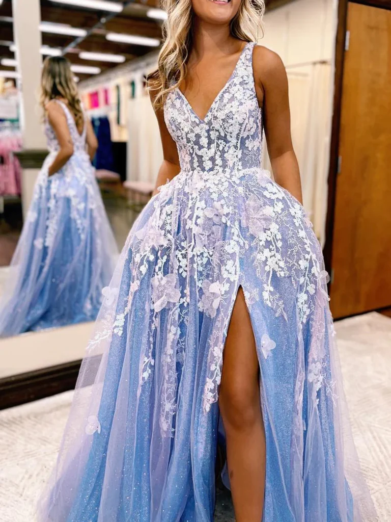 Robe de soirée longue en tulle bleu brillant à col en V et dentelle blanche avec fente haute, robe de soirée formelle bleue nv998