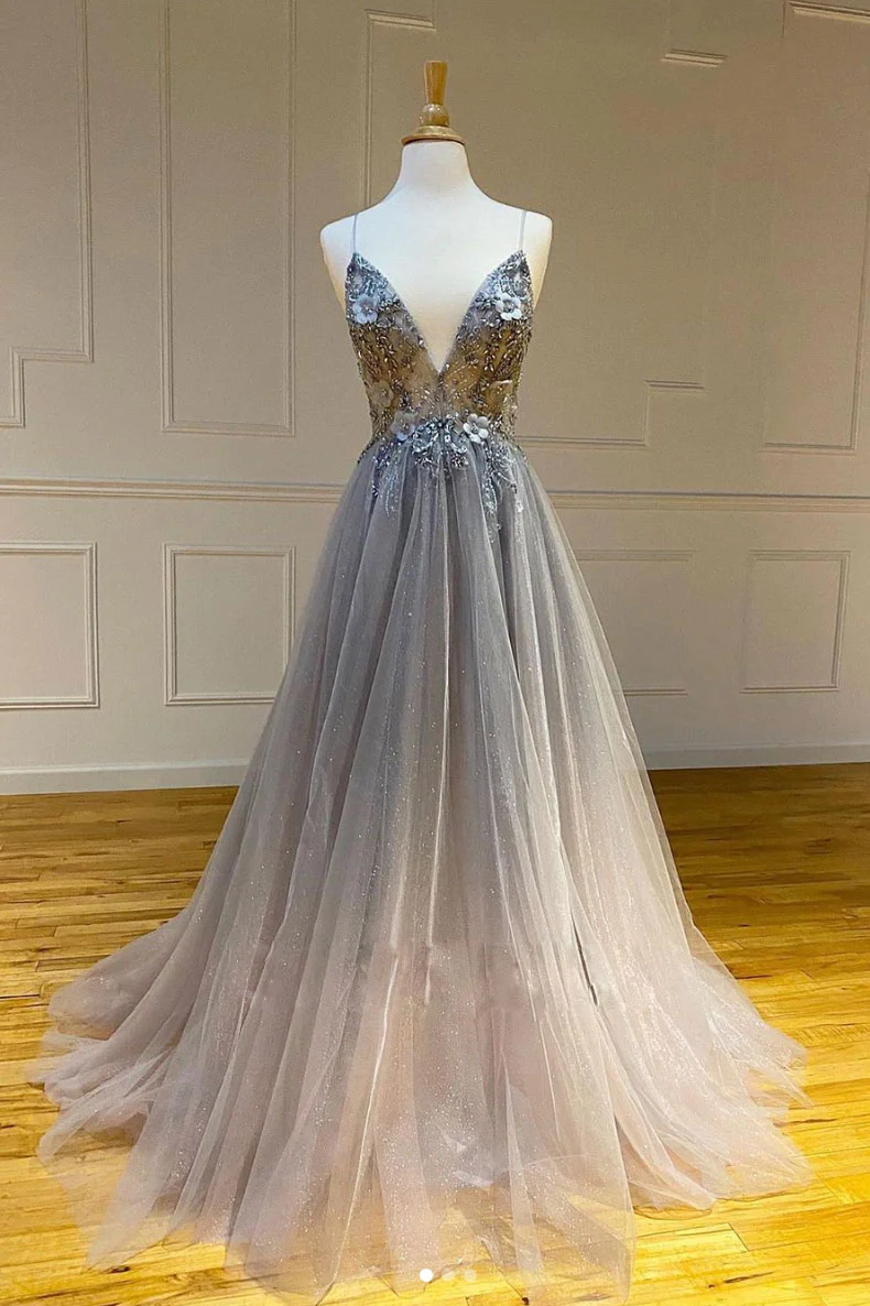 Robe de soirée longue en tulle gris à col en V Robe de soirée en tulle gris nv435