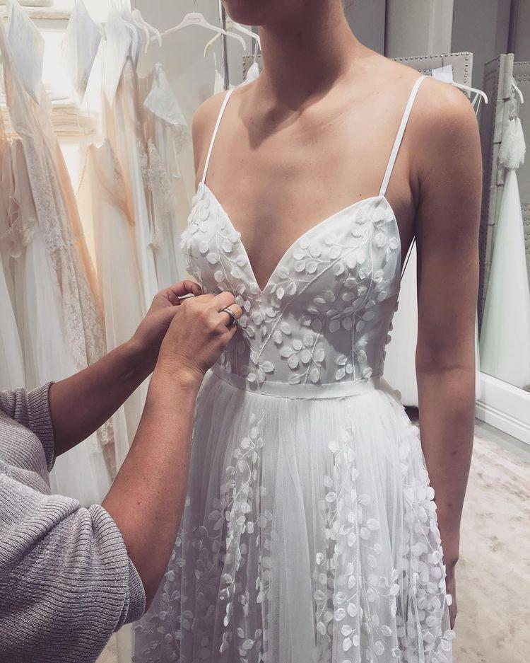 A-Linie Tüll Spaghettiträger Boho Lange Brautkleider nv986