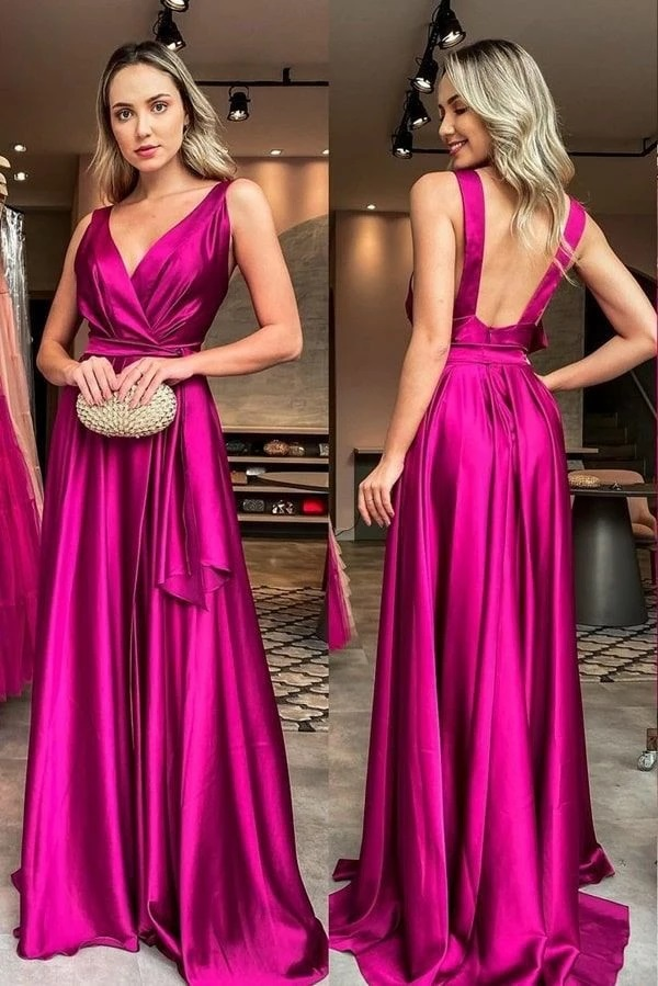 Robe de soirée élégante en satin coupe A avec décolleté en V et dos nu fuchsia nv484