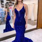 Robe de soirée sirène à paillettes brillantes et longues, bleu, col en V, coupe slim, robe de bal, robe de soirée, nv462