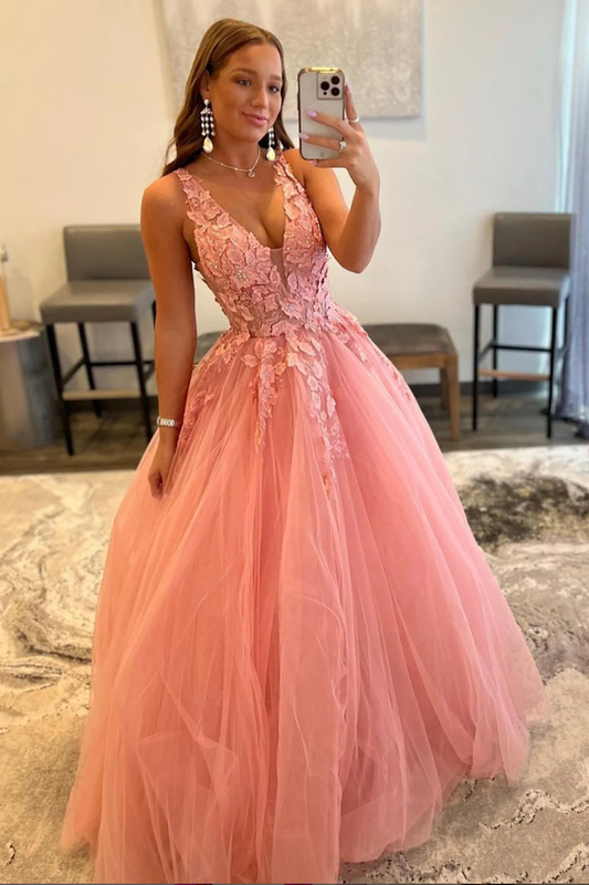 V Neck Open Back Beaded Pink Lace Long Prom Dresses, Pink Tulle Formal Dresses with Lace Appliques, Pink Lace Evening Dresses  nv186