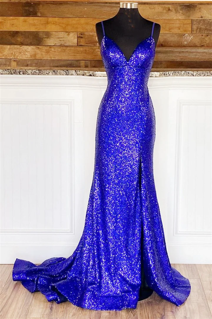 Robe de bal longue à paillettes bleu royal dos nu style sirène nv335