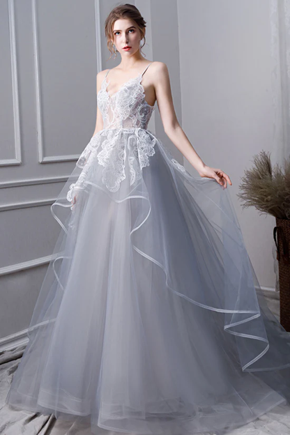 Robe de bal longue en tulle et dentelle grise, robe de soirée en tulle et dentelle grise nv436