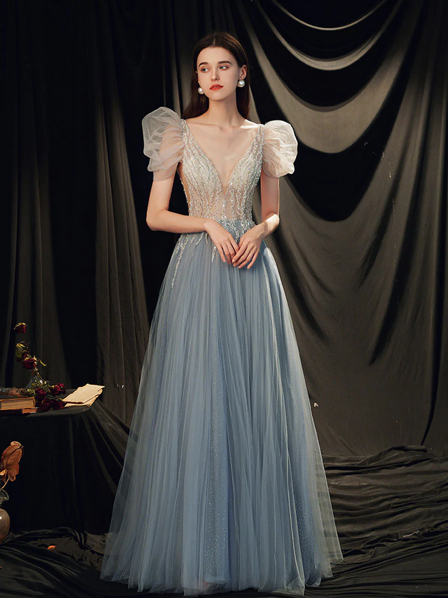 Graublaues langes Ballkleid mit V-Ausschnitt und Pailletten aus Tüll, graublaues Abendkleid nv422