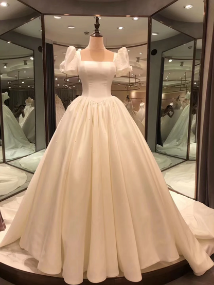 Weiß Vintage Elegante Perle Perlen A-linie Lange Satin Ballkleid Abendkleid Brautkleid nv388