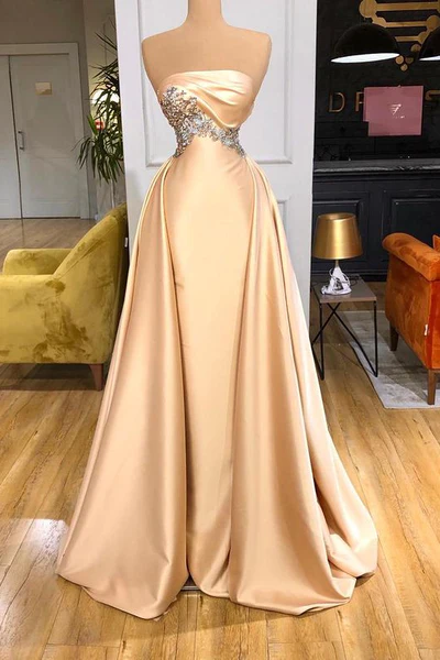 Champagnerfarbenes, trägerloses Überrock-Ballkleid, lang, mit Kristallen, NV358