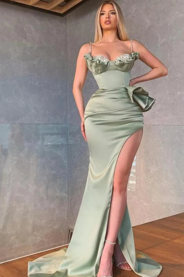 Elegantes Ballkleid im Meerjungfrau-Stil mit Spaghettiträgern und Schlitz in Dusty Sage nv374
