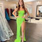 Sparkly Mermaid Scoop Neck Neon Green Prom Dresses with Slit  nv257
