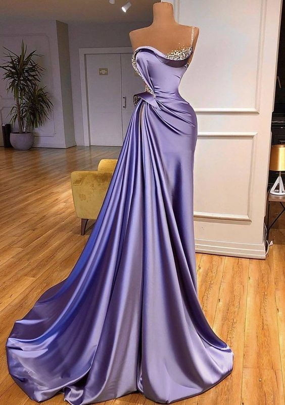robes de soirée de luxe en perles longues élégantes sirène violet satin modeste incroyable sans manches robes de soirée formelles nv405
