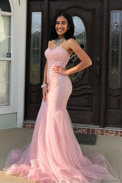 Sweetheart Mermaid Tulle Pink Long Prom Dress nv288