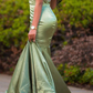 CHARMING GREEN APPLIQUES MERMAID PROM EVENING MAXI DRESS FLOOR-LENGTH SWEEP TRAIN DRESS nv931