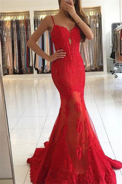Spaghettiträger, rote Spitze, Abendkleid, Meerjungfrau, schickes Ballkleid, NV411