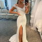 Robe de bal sirène en dentelle blanche à épaules dénudées et fente latérale nv989