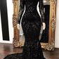 Robe de bal sirène noire à manches longues et paillettes, épaules dénudées nv46