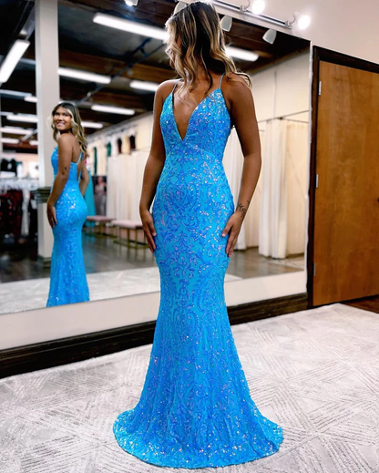 Charmantes Meerjungfrau-Abendkleid mit V-Ausschnitt und blauen Pailletten, langes Ballkleid, NV349