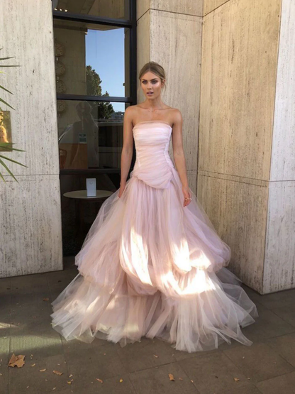 Light pink tulle elegant long ball gown evening dress bridal shower guest dress nv268