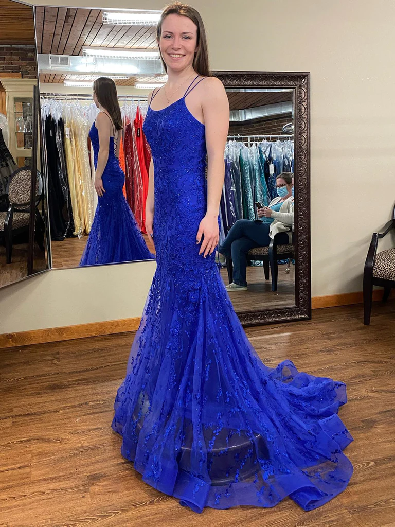 Robe de soirée longue en dentelle bleue dos nu sirène, robe de soirée sirène bleue, robe de soirée en dentelle bleue nv1042