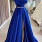 Langes Ballkleid aus blauem Satin, langes Abendkleid aus blauem Satin nv395
