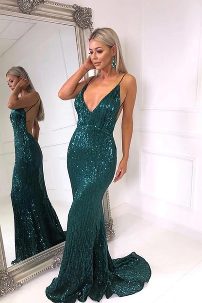 Sparkly V Neck Backless Mermaid Teal Sequin Long Prom Dress nv297