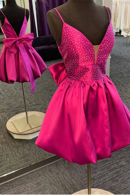 Glitzerndes magentafarbenes A-Linien-Heimkehrkleid mit V-Ausschnitt und Schleife hinten, kurz, nv236