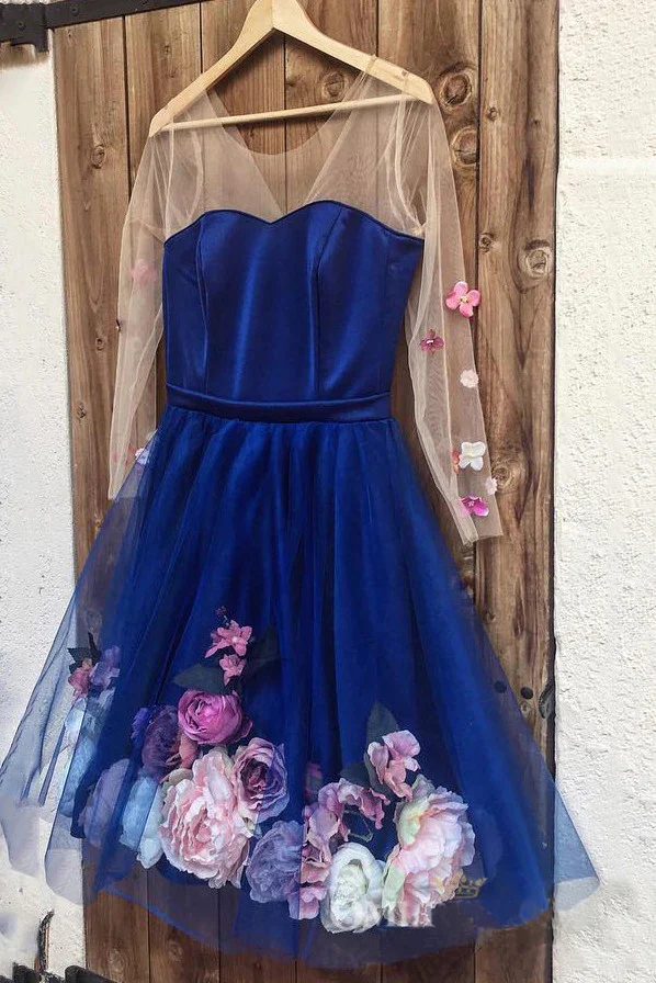 Einzigartige langärmlige blaue kurze Ballkleider mit 3D-Applikationen Homecoming-Kleider nv538