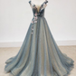 Schöne Blumen Perlen Hellgrün V-Ausschnitt Abendkleid, Tüll Abendkleid Ballkleid nv386