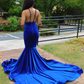 DEEP V-NECK ROYAL BLUE SPAGHETTI STRAPS MERMAID FLOWERS PROM DRESSES nv906
