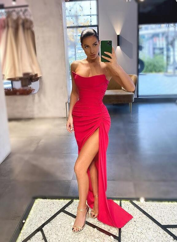 Mermaid Strapless Hot Pink Prom Dresses with Slit nv380