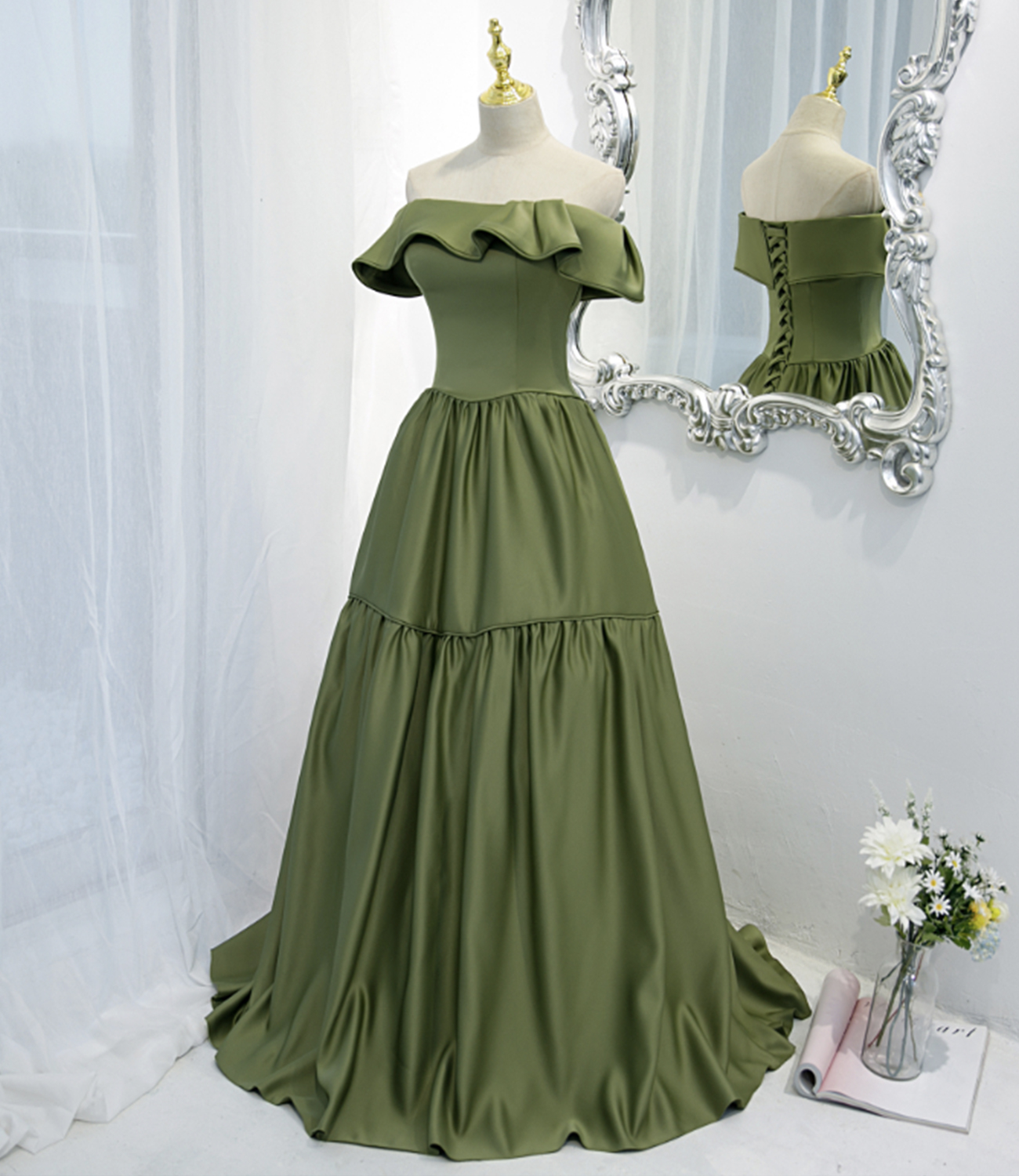 Grünes langes A-Linien-Ballkleid aus Satin, grünes Abendkleid, NV544