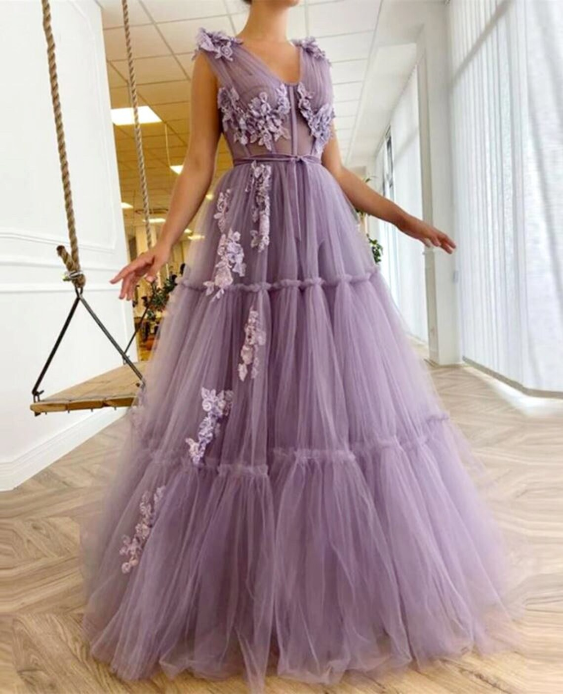 Atemberaubendes Lavendel-Tüll-Rüschenkleid, Langes Tüll-Ballkleid, Tutu-Maxikleid, Brautjungfernkleid, Ballkleid, Korsett-Tüllkleid nv213