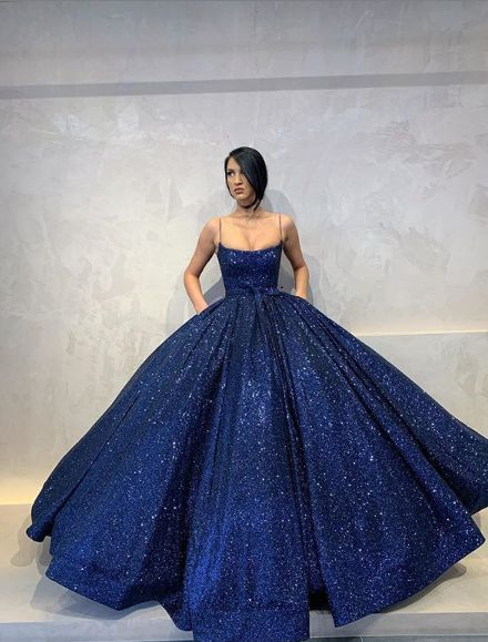 Ballkleid mit U-Ausschnitt, königsblau, mit Pailletten, nv393
