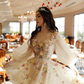 Helles Champagner-Ballkleid mit Blumen, Puffärmeln, Partykleid nv530