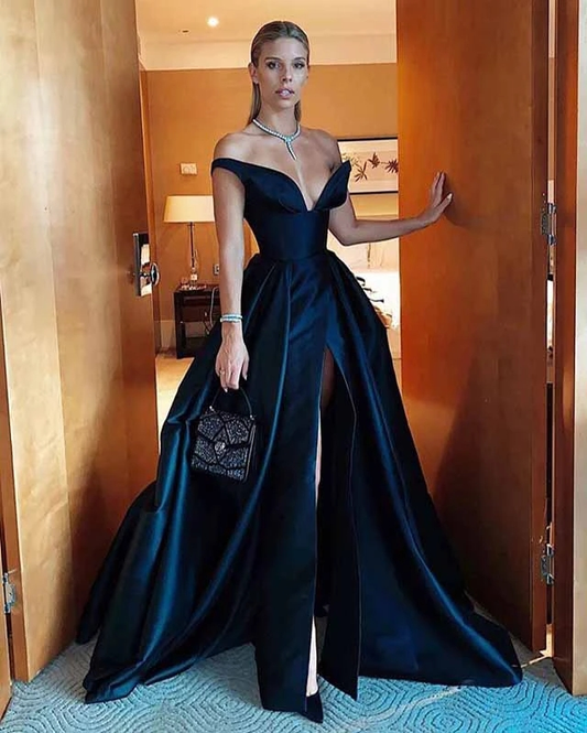 Elegant A-Line Off the Shoulder Black Long Prom Evening Dresses with Front Slit nv219