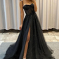 Glitzerndes A-Linien-Ballkleid aus schwarzem Tüll mit Spaghettiträgern, nv145