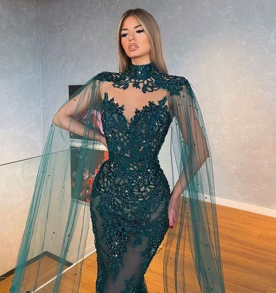New Two Pieces Mermaid Evening Dresses with Cape Dark Green Lace Prom Gown Long Formal Party Dress  nv938